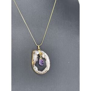 Natural Geode Slice Pendant & Amethyst Crystal Gold Plating Necklace